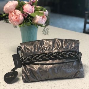 Bebe Logo'd on Clutch in Metallic Pewter NWT